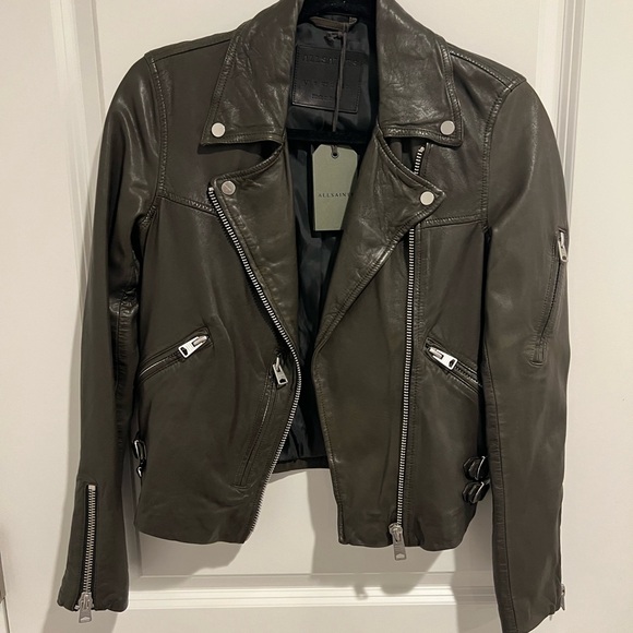 NWT AllSaints Dark Khaki Leather Jacket - Picture 1 of 7